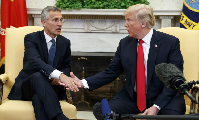 President Donald Trump meets with NATO Secretary General Jens Stoltenberg in the Oval Office of the White House, Thursday, May 17, 2018, in Washington. (AP Photo/Evan Vucci)